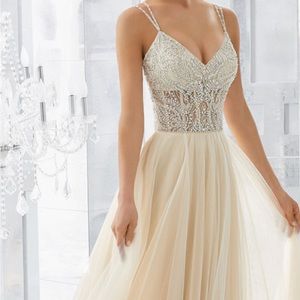 Mori Lee Misty Wedding Gown ivory spaghetti strap beaded corset bodice sexy